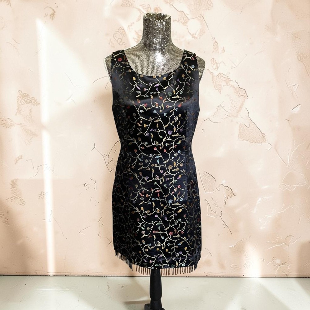 100% Silk Black Embroidered Beaded Fringe‎ Sleeveless Mini Dress Large Party